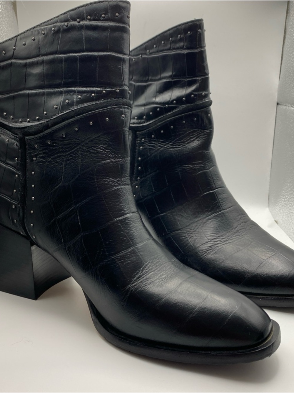 Donald J. Pliner Black Croc-Embossed Leather Ankle Boots with Stud Accents $298